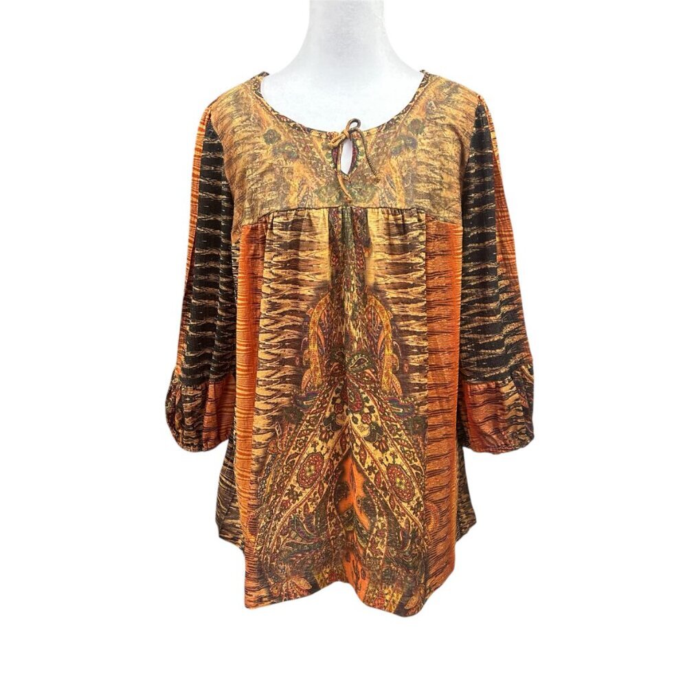 Dressbarn Boho Peasant Puff Sleeve Blouse Keyhole Aztec Southwestern Print Lace